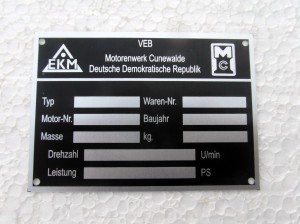 n° 87 Plaque signalétique VEB Motorenwerk Cunewalde 1H 65 RS 09 GT 124 Aluminium anodisé