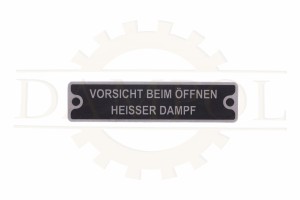 N° 5 - Panneau «Vorsicht heißer Dampf » pour tracteurs Lanz Bulldog, Ursus, Pampa, en aluminium gravé