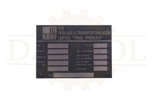 N° 40 - Plaque signalétique pour chariot élévateur TAKRAF, tracteur de chariot élévateur DFG Leipzig, aluminium gravé