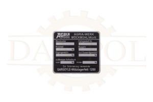 N° 122 Plaque signalétique Agria-Werk Möckmühl/Württ Aluminium anodisé env. 70x78mm